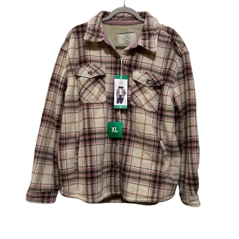 Sage Collective Women's Plaid Flannel Shacket Pink Cream XL